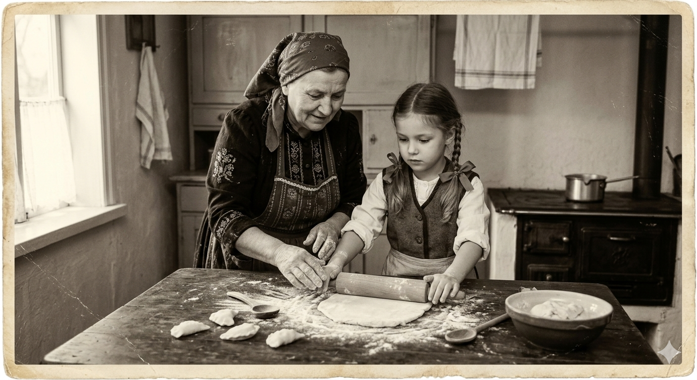 Uroma und Kind beim Pierogi-Machen, um 1920